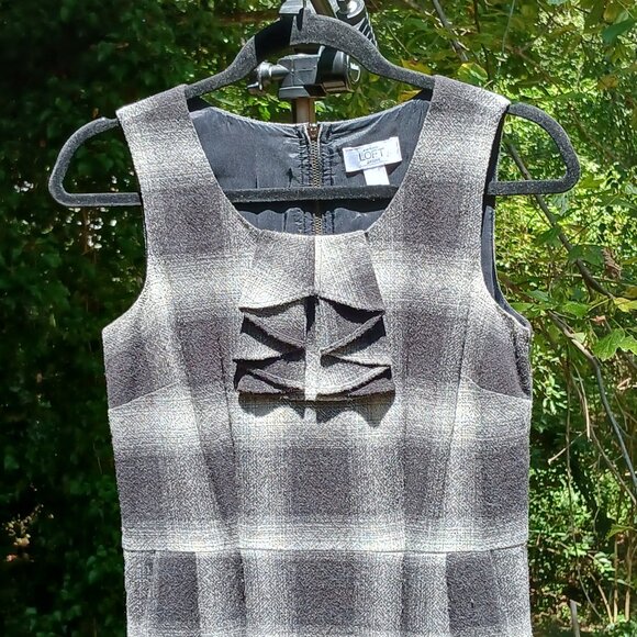 Ann Taylor Loft Petites Gray & Black Plaid Wool Ruffle Beck Sheath Dress Sz 2P - Picture 2 of 8
